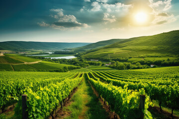 Green field with rows of vines for harvesting. Ripe grapes for the production of fine wines....