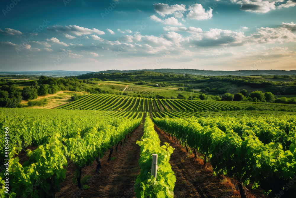 Leinwandbilder green field with rows of vines for harvesting. ripe grapes for the production of fine wines. generat