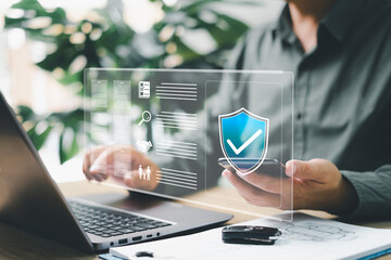 Standards quality control assurance warranty business technology concept, Businessman with insurance car accident family protection Policy conditions online document control and management