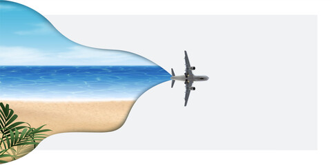 3d realistic vector illustration. Travel plane bannew with beach and sea view.
