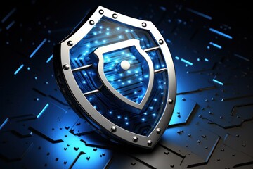 3D internet security badge on a dark background, digital protection