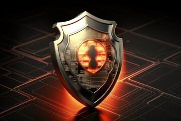 3D internet security badge on a dark background, digital protection
