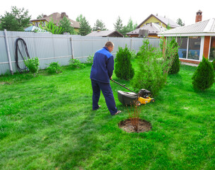 The man is working in the garden. Mowing grass with a lawn mower.