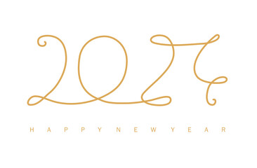 Modern one single line art of 2024 happy new year greeting card with gold colour font. elegance, simple, handdrawn