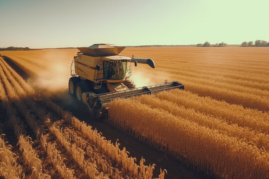 Large powerful rural tractor advancing through wheat plantations for high productivity harvest. Generative AI.