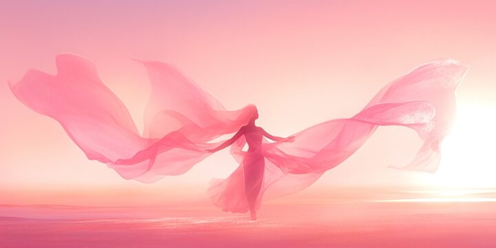 In pink rays, the silhouette of a beautiful girl with fabrics fluttering like wings on the seashore. AI generation 