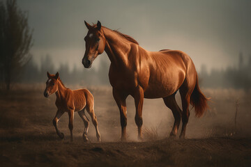horse and baby walking in a field, generative AI