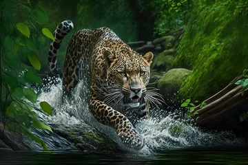 Papier Peint photo Lavable Léopard leopard runs on water, in forest. Dangerous animal. Animal in a green forest stream, generative AI