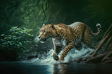 leopard runs on water, in forest. Dangerous animal. Animal in a green forest stream, generative AI - obrazy, fototapety, plakaty