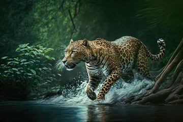 Fotobehang Luipaard leopard runs on water, in forest. Dangerous animal. Animal in a green forest stream, generative AI