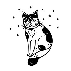 Cute fluffy cat vector icon. Nice spotted kitten sits and smiles. Animal in a collar with a heart. Simple doodle, sketch. Isolated clipart. Black and white illustration for posters, print, stickers