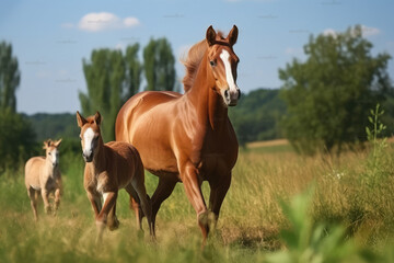 horse and baby walking in a field, generative AI