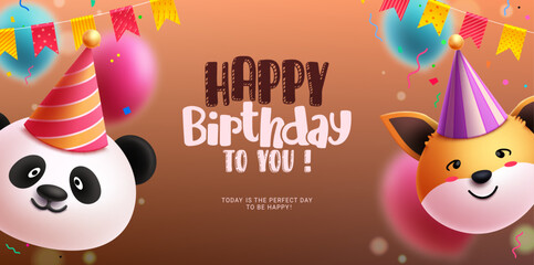 Happy birthday text vector design. Birthday animal emoji characters in blurred background for party celebration. Vector illustration dedication greeting card. 