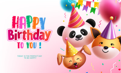 Happy birthday vector background design. Birthday greeting text with animal emoji characters in colorful party elements. Vector illustration holiday celebration template.