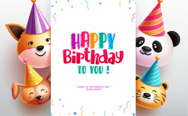 Happy birthday text vector template design. Birthday greeting card  with emoji cute and funny animal character. Vector illustration for kids party celebration.