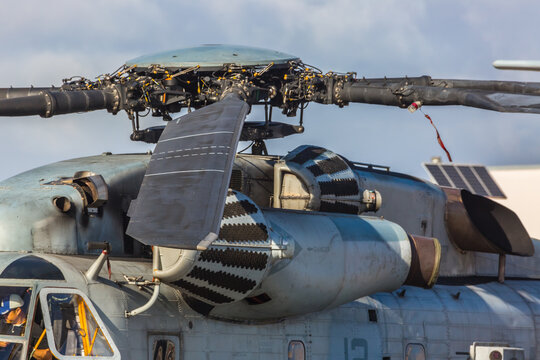 Helicopter blades of a Sikorsky CH-53 Sea Stallion military air vehicle