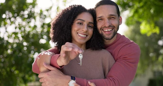 Keys, new house or happy couple hug outdoor with face for property, real estate goals or residential investment. Portrait, man and woman in garden for moving, key to relocation and building mortgage