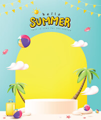 Summer travel poster banner display podium with sand and summer beach scene design