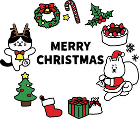 猫と犬のクリスマスイラスト（シンプル）