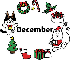猫と犬の12月クリスマスイラスト（シンプル）