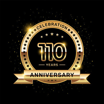 110 year anniversary logo with a number and golden ribbon, vector template