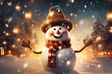 Winter night snowman glowing with joy