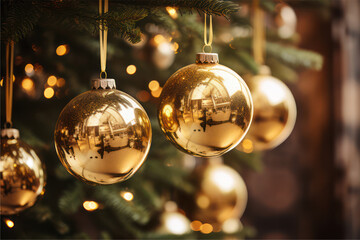 Shiny gold ornaments decorate glowing Christmas tree