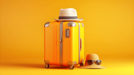 travel suitcase with hats and sunglasses on yellow background created with Generative AI 