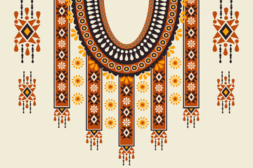 Vector ethnic tribal African geometric neckline colorful pattern. African tribal art shirts fashion. Ethnic neck embroidery ornaments. Traditional African clothing design. Ethnic neckline pattern. - obrazy, fototapety, plakaty