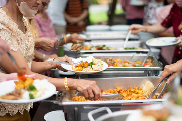 buffet food, catering food party at restaurant, mini canapes, snacks and appetizers