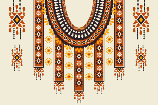 Vector ethnic tribal African geometric neckline colorful pattern. African tribal art shirts fashion. Ethnic neck embroidery ornaments. Traditional African clothing design. Ethnic neckline pattern.