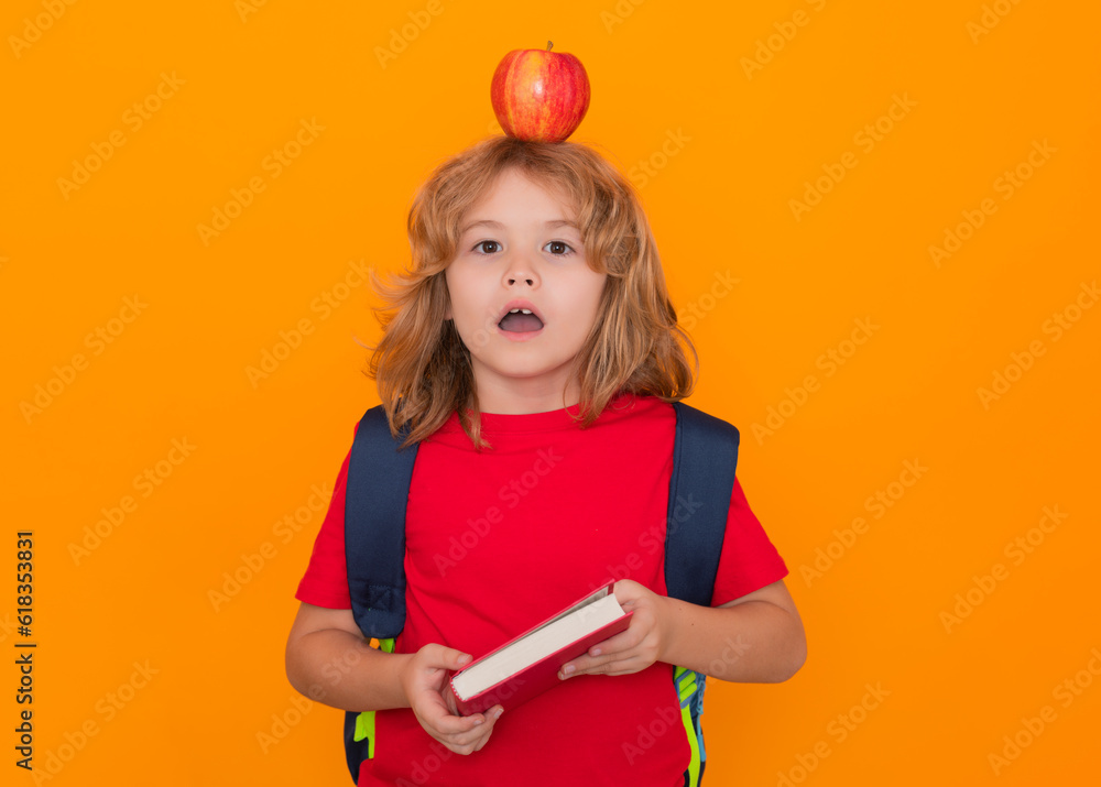Poster apple on head, idea concept. knowledge day. school pupil. little student school child isolated on st