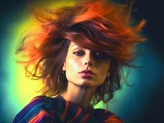 80s fashion hairstyle portrait of female woman with multi coloured intense background, generative ai