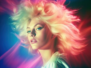 Obraz na płótnie Canvas 80s fashion hairstyle portrait of female woman with multi coloured intense background, generative ai
