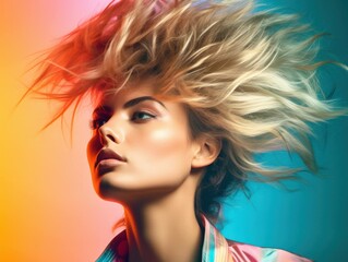 Obraz premium 80s fashion hairstyle portrait of female woman with multi coloured intense background, generative ai