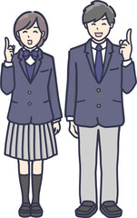 人差し指をだしてポイントを説明する制服の男女高校生のイラスト　全身