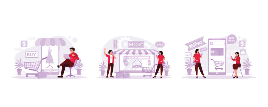 The youth sat back and opened the marketplace. Male salesperson doing promotion. Two women open an omni-channel business app. Trend Modern vector flat illustration.