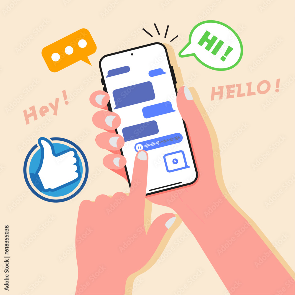 Poster hand holding phone and message bubble chats for smartphones, with colorful speech bubbles boxes on s