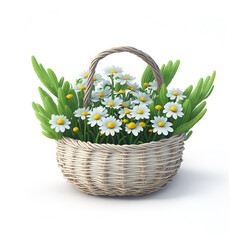 Fototapeta na wymiar Chamomile flower basket on white background, Chamomile flower in the Garden. tulip flowers in basket, Illustration