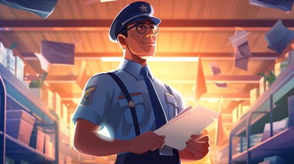 worker at work vector illustration featuring a postal worker in their iconic uniform, surrounded by envelopes and packages, designed as a tribute to National Postal Worker Day, AI-Generated