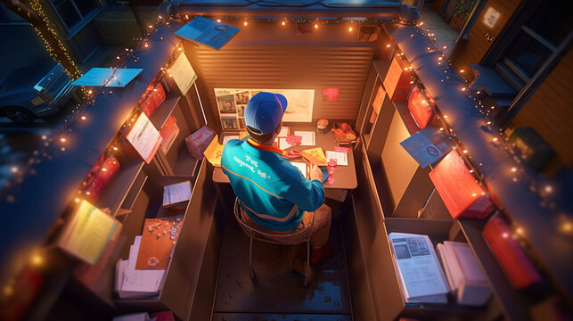  a postal worker driving a mail truck, with parcels and letters neatly organized, ready for delivery,  AI Generated