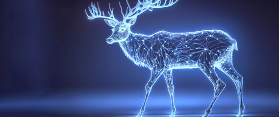 Deer glowing on a blue background. Christmas. Banner. Generated AI