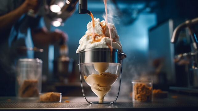 Ice cream maker in a laboratory-like setting, experimenting with various ingredients and equipment to create a new and exciting ice cream flavor, AI Generated