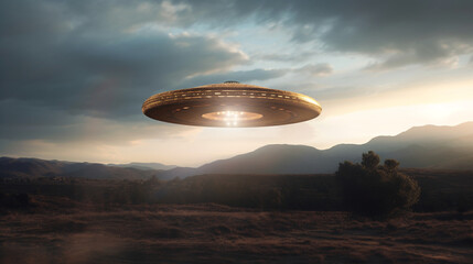 a UFO-shaped object hovering above a serene landscape, casting a soft glow, AI Generated