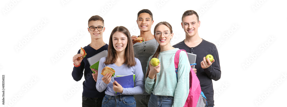 Sticker group of pupils with tasty lunch on white background