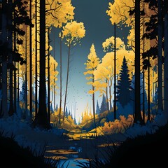 a forestscape comprised only of shades of yellow and blue 