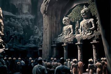 Photos of male and female priests with ornaments made of flowers of Ajanta and Ellora caves with rose petals praying god in large crowd with dramatic sculptures and trees inside the cave Color photo 