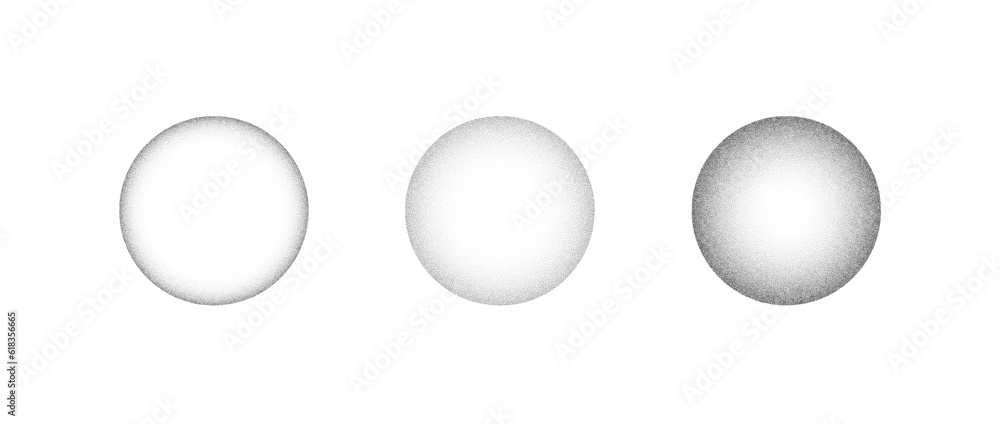 Poster Textured gradient spheres set. Dotted circles collection. Stippled round elements pack. Fading noise grain dotwork shapes. Light half tones and shadows effect illustration bundle. Vector 