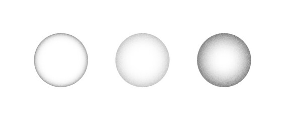 Textured gradient spheres set. Dotted circles collection. Stippled round elements pack. Fading noise grain dotwork shapes. Light half tones and shadows effect illustration bundle. Vector 