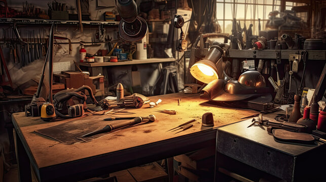 Home suburban garage interior big wooden workbench with lot of power mechanic tools at background. Spare season wheels storage shelf rack ceiling warehouse. DIY, self service and repair.